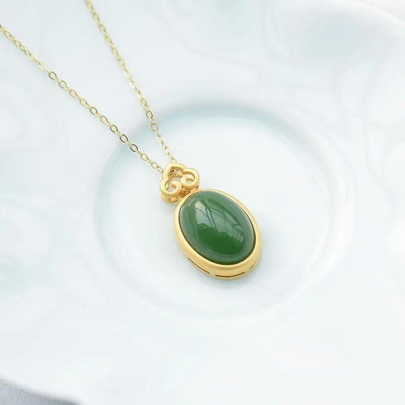 

Natural Hetian Jade Green Jade S925 Sterling Silver Pendant Oval Jade Necklace Simple Retro Gilding Craft Pendant