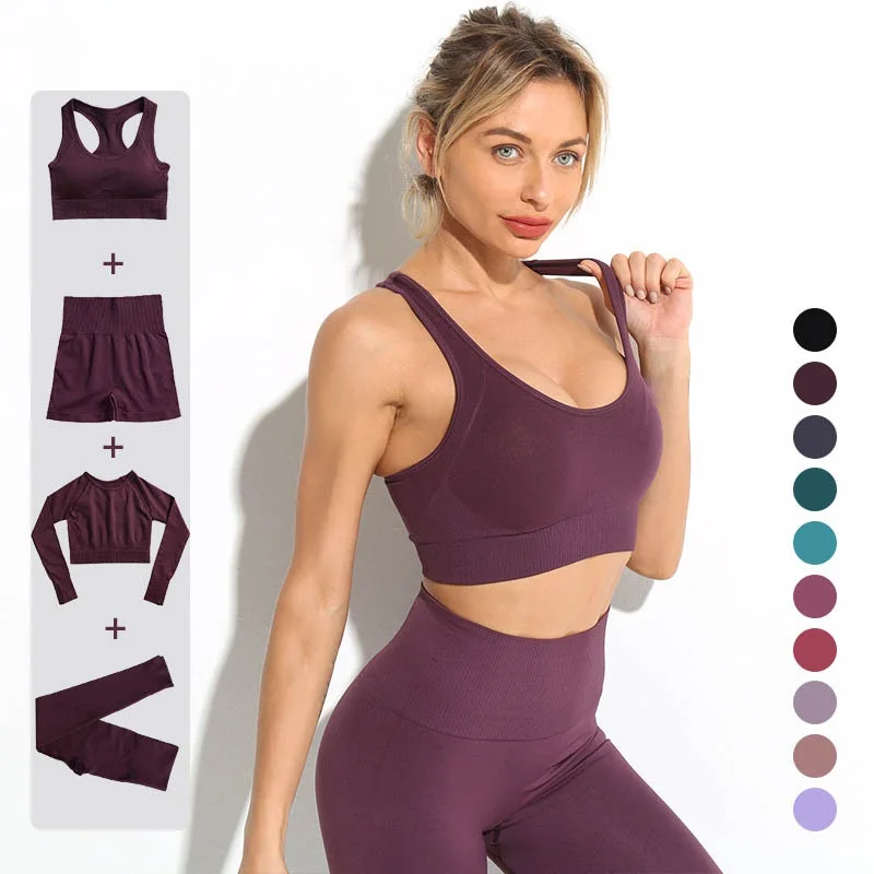 

2/3/4pcs Seamless Women Fitness Tracksuit Yoga Set Sportswear Gym Clothing Suits Long Sleeve Yoga Female Sport Running Clothes