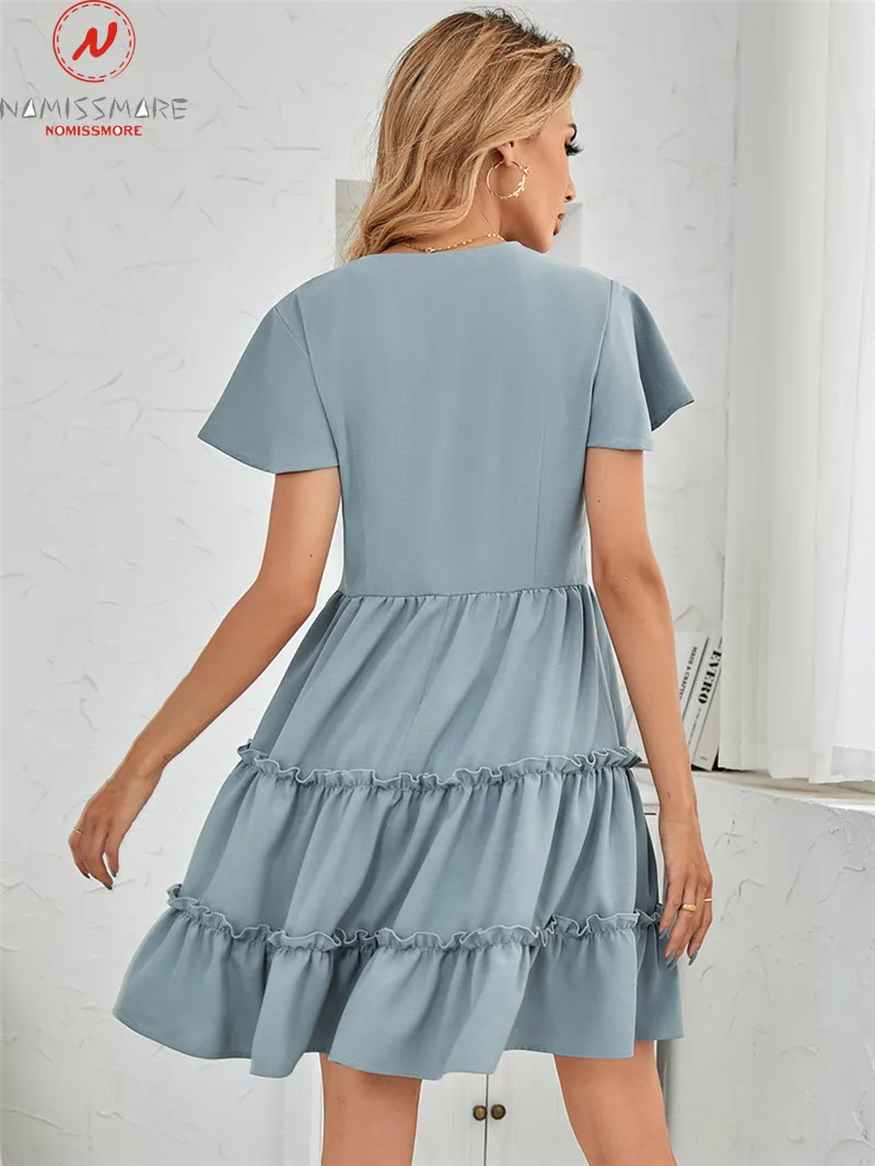 

Women Summer Solid Color A-Line Dress Single-Breasted Design Ruffles Decor Flying Sleeve Mid Waist Slim Dress for Streetwear