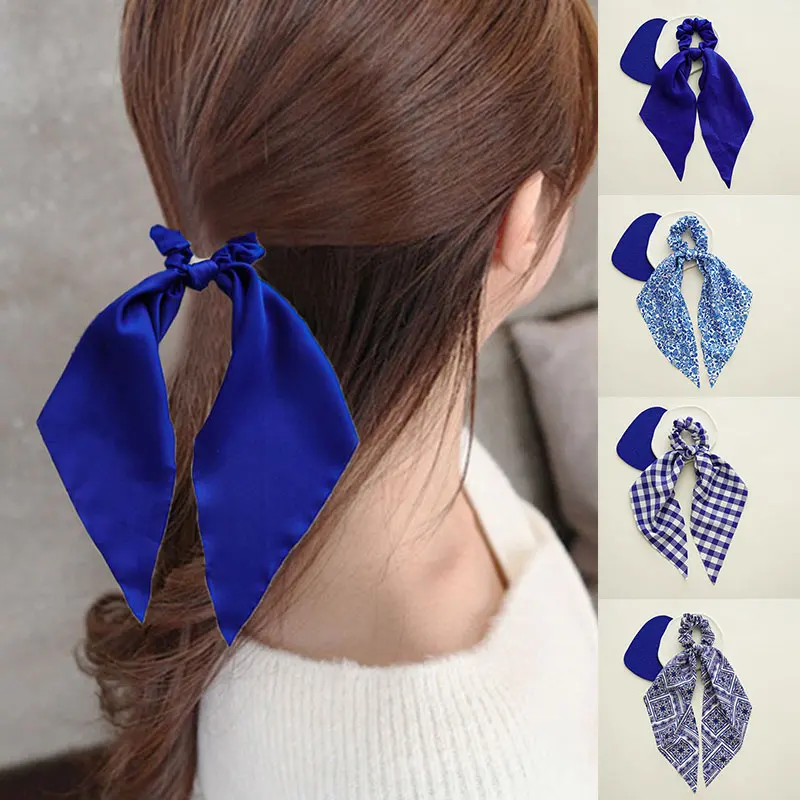

Ladies Hair Accessories Blue Square Scarf Coarse Ponytail Ribbon Large Intestine Hair Tie Solid Color Hair Tie Floral Hair Tie