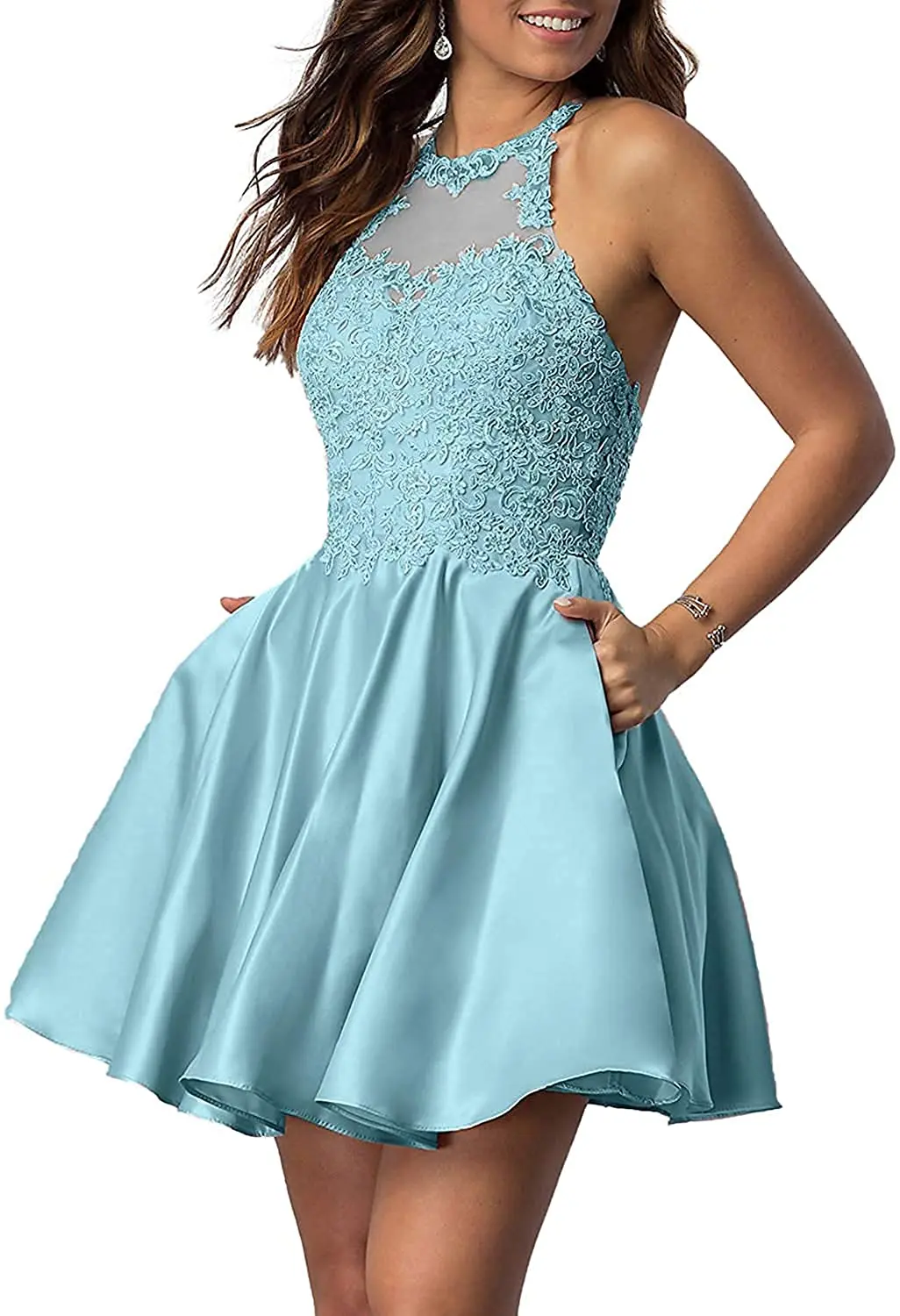 

Short Homecoming Dresses Halter Open Back Lace Prom Dress with Pockets prom dresses with sparkles