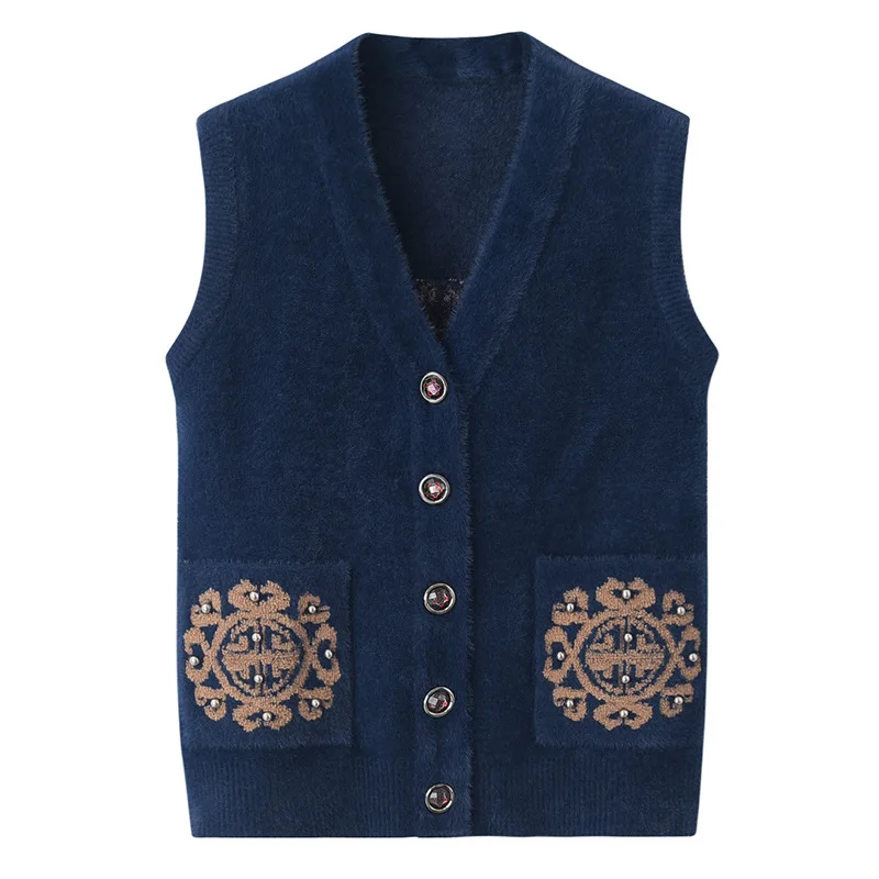 

Imitation Mink Women Vest XL-4XL Middle Aged Elderly Thickened Waistcoat Solid Color Vest Outer Wear Cardigan Oversized Sweaters