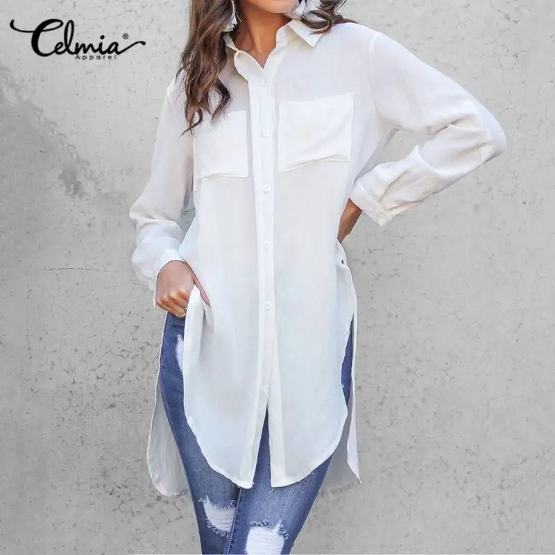 

Celmia Long White Shirts 2021 Autumn Elegant Ladies Tops Women Long Sleeve Split Hem Blouse Casual Buttons Fashion Tunic Blusas