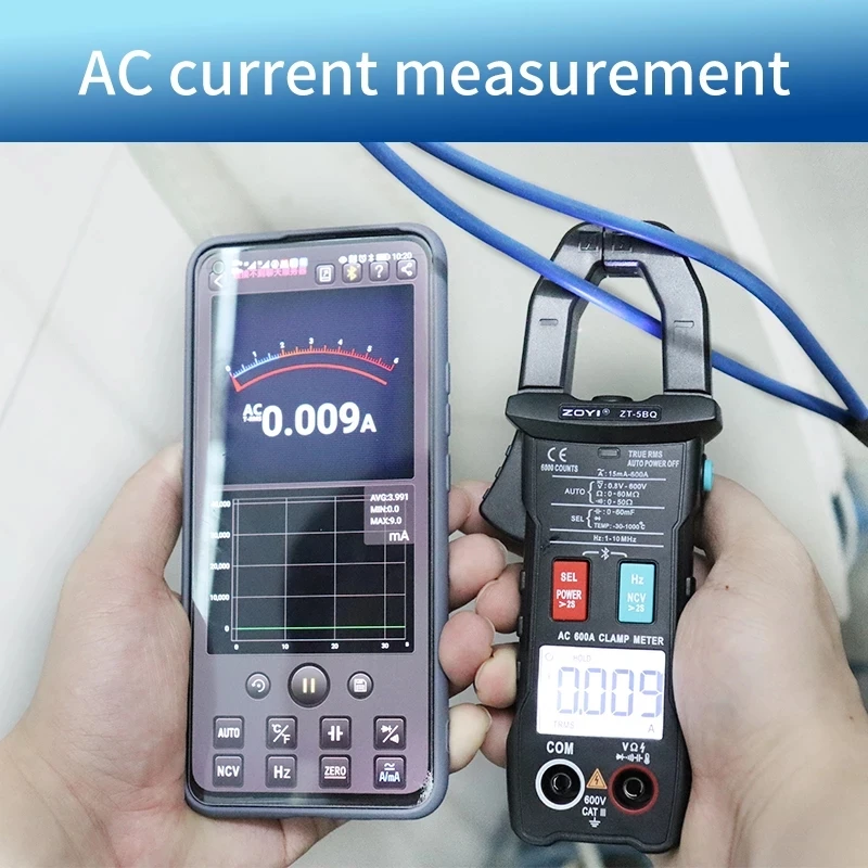 Digital AC/DC Volt Amp Clamp Multimeter Meter Wireless Bluetooth Auto Ranging 6000 Counts Ammeter Ohm,Cap,Freq,Temp.Tester ZT5BQ