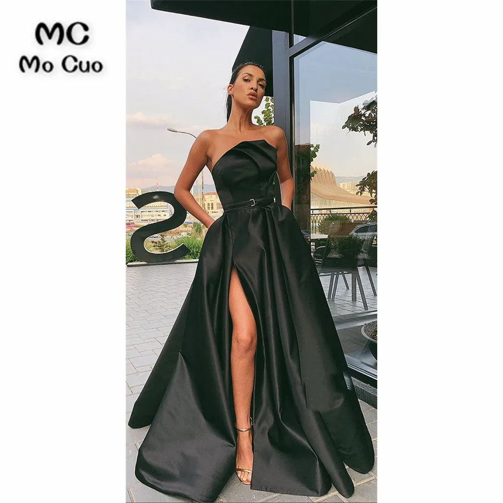 

Black Strapless Evening Dresses Long Pockets Front Slit Women's Evening Dress Hard Satin Prom Dress Custom Made