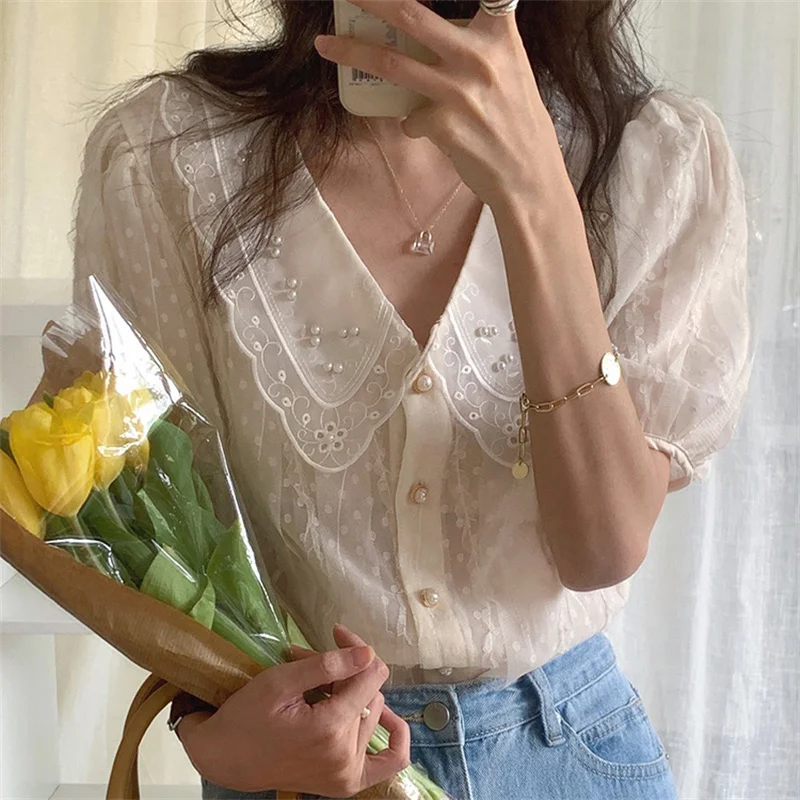 

French Apricot Romance Prom Lace 2021 Pearls Hot Casual High Waist Shirts Chic Loose Streetwear Sweet Tops Blouses