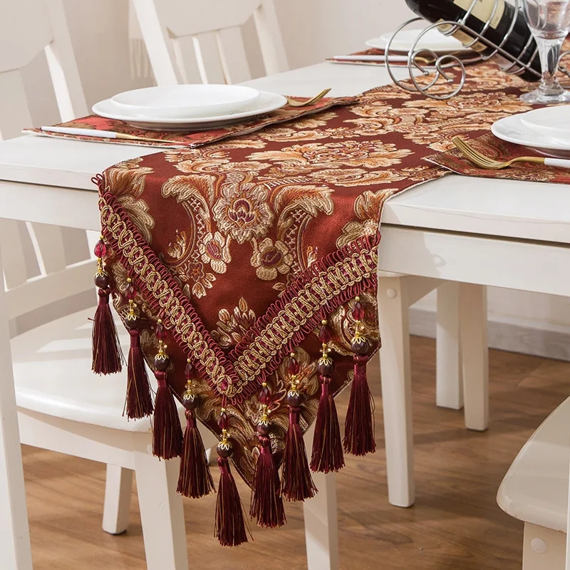 

European Classical Embroidered Jacquard Table Runner with Crystal Bead Fringe Anti-slip Thick Fleece Bottom Fabric Table Decor