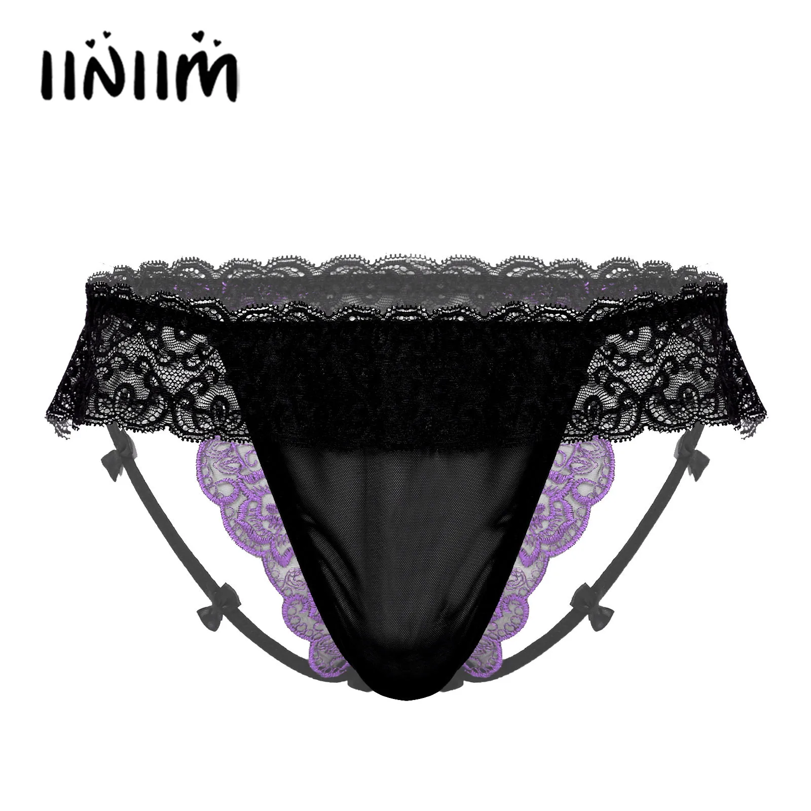 

Mens See-through Lingerie Sissy Underwear Low Waist Floral Embroidery Lace Ruffles Briefs Underpants Bowknot for Valentines Day