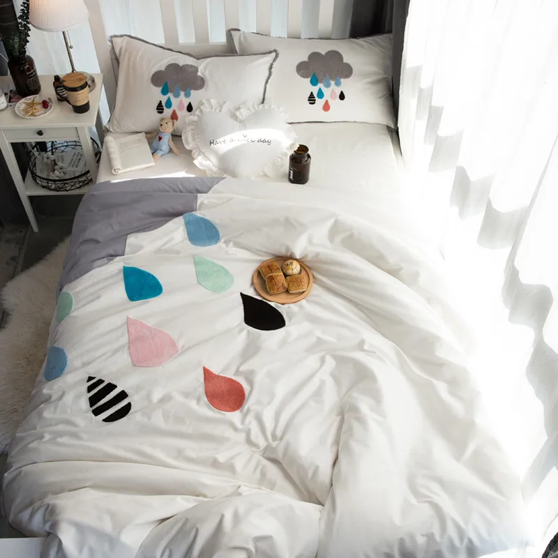 

600TC egyptian Cotton Bedding set King Queen Size embroidery Colorful raindrops Bed set Duvet Cover Bedsheet set parrure de lit