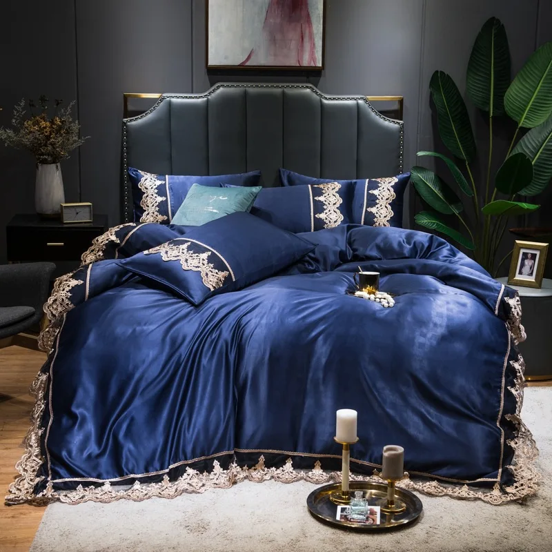 

2021 Luxury 2/3/4pcs Lace Silk Bedding Set Satin Duvet Cover Set with Flat Sheet Zipper Closure Twin Queen King
