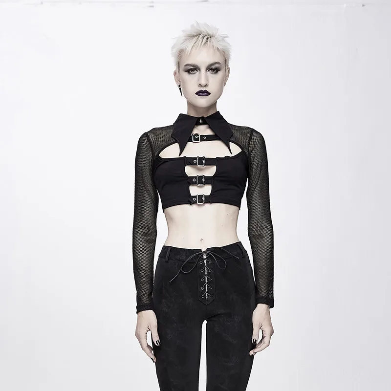 

Punk Gothic Tshirt Women Black Short Mesh Top Hollow Out Sexy Shirt Metal Straps Patchwork Turn Down Collar