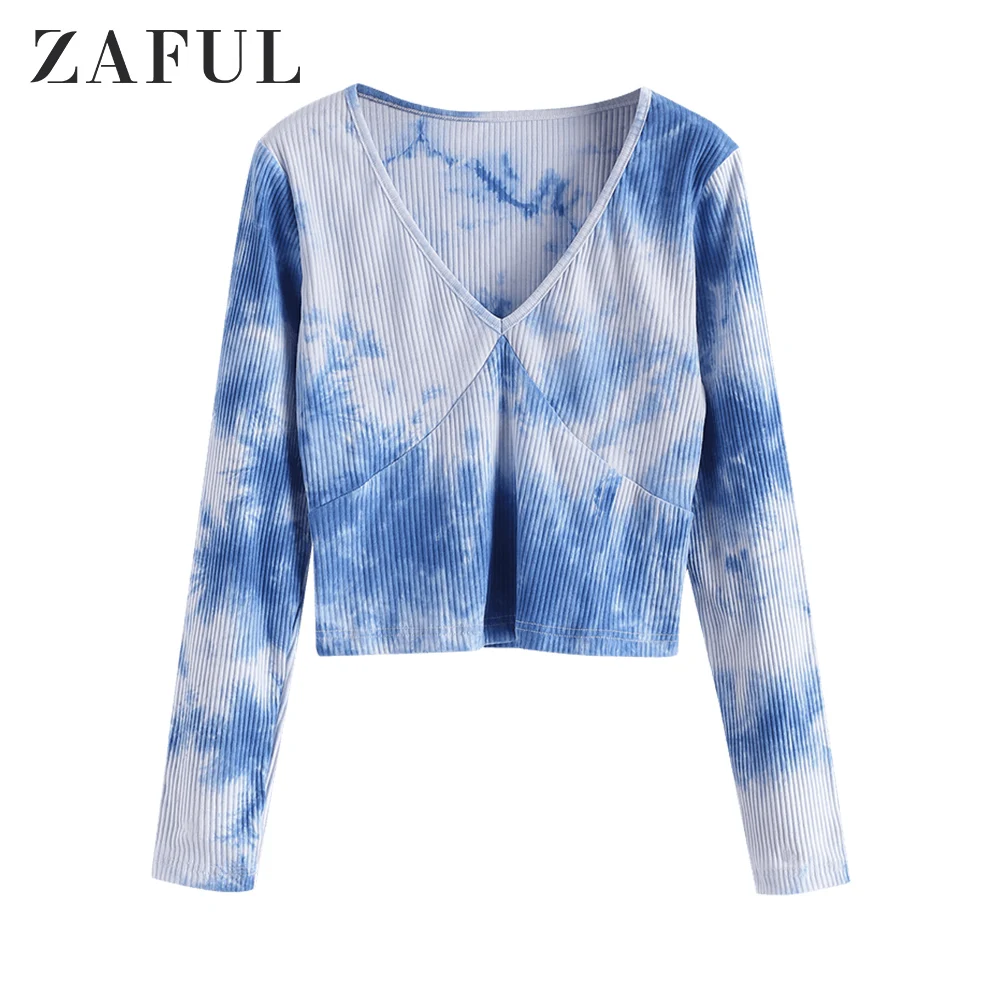 

ZAFUL Ladies V-Neck Knitted Sweater Ribbed Tie Dye Women Pullovers Jumper Spring Autumn Long Sleeve Short Slim Top Knitwear Blue