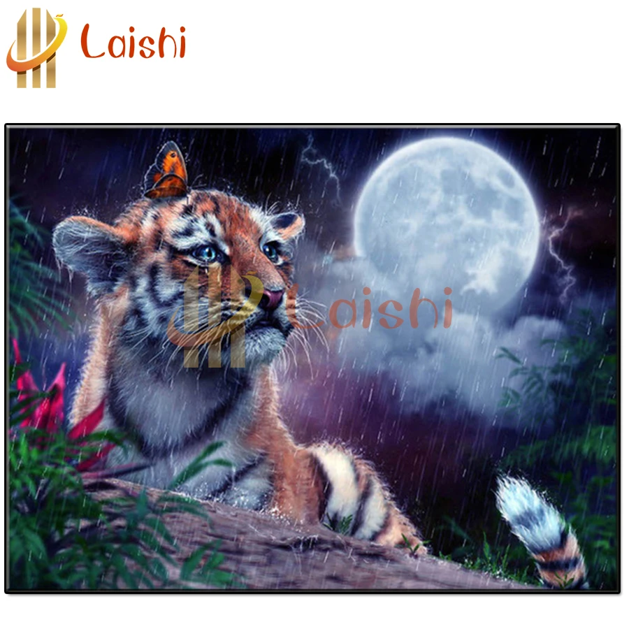 

Сделай Сам фото на заказ Сибирский тигр, луна, Бабочка, дождливая ночь Алмазная мозаика Стразы полностью сверла квадратный круглый декор