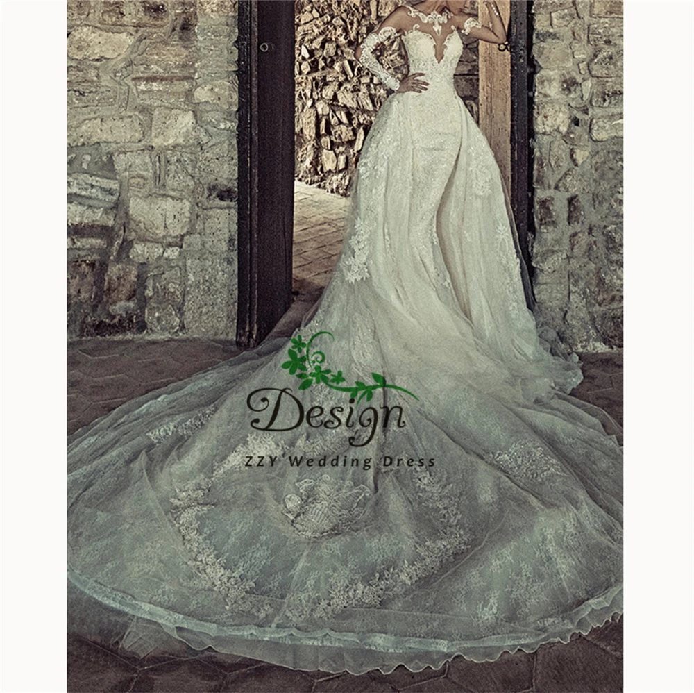 

2019 Romantic High Illusion Tulle Appliques Sash long wedding dress Sheath Court Train wedding dress vintage Detachable Skirt