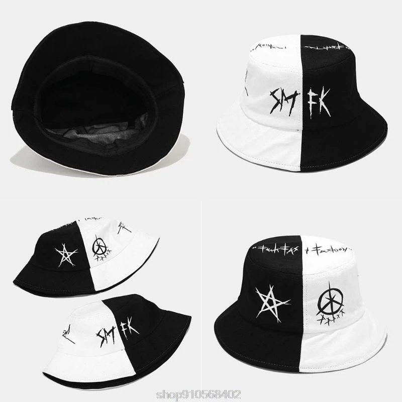 

Unisex Summer Black White Color Block Bucket Hat Star Eye Graffiti Printed Patchwork Harajuku Hip Hop Fisherman Cap M20 21