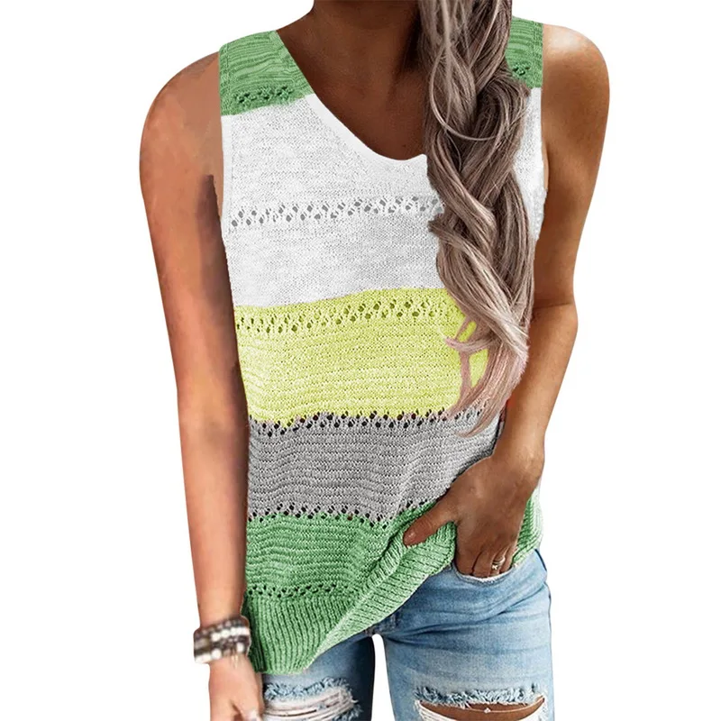 

Women Stitching Color Vests Sleeveless Vest Loose Top Fashion Wild Streetwear Ladies V Neck T-shirt 2021