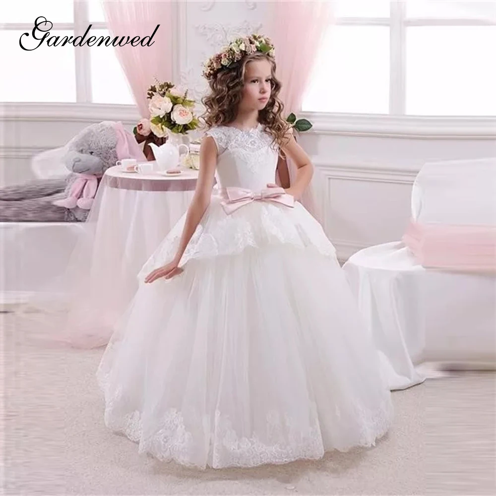 Кружевное пышное платье цвета слоновой кости для причастия Тюлевое девушек