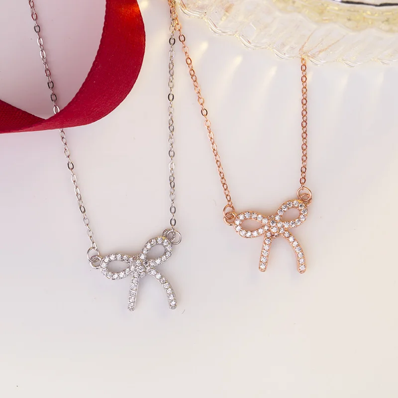 

925 sterling silver Korean version of simple bow necklace with diamond and zircon exquisite jewelry for women Christmas gifts