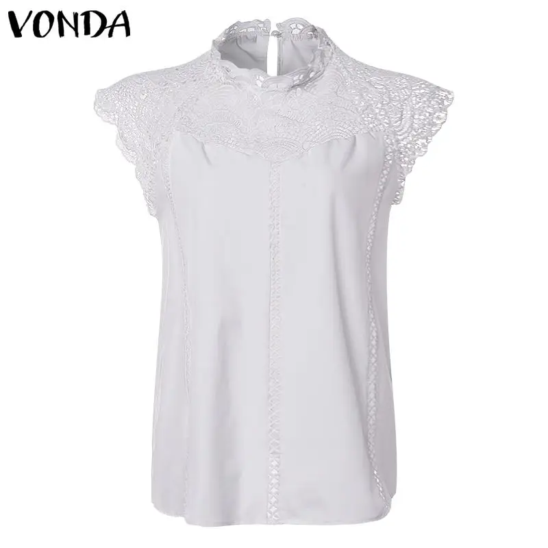 VONDA, женская блузка, туника, сексуальная, без рукавов, кружевная рубашка, OL, Офисная Женская рубашка, открытые, вечерние, топы, Camisas, белого цвета, размера плюс - Цвет: White