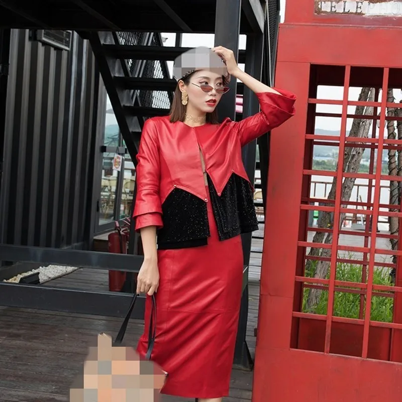 Шикарное лоскутное женские Куртки из натуральной кожи с круглым вырезом и