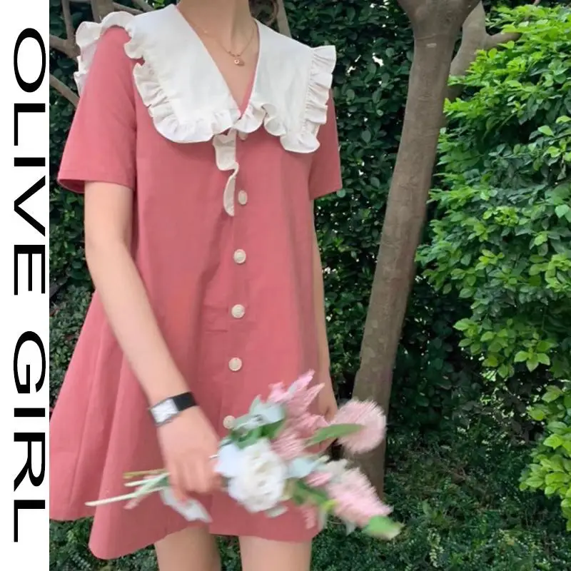 

Women Dresses Candy Color Mini A-line Sweet Preppy Style Lady Lovely Sailor Collar Edible Tree Fungus Girls Single Breasted Chic