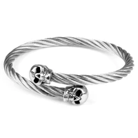 silver color double skull skeleton head bracelets stainless steel cable wire chain stretchable charm punk style bangles for men