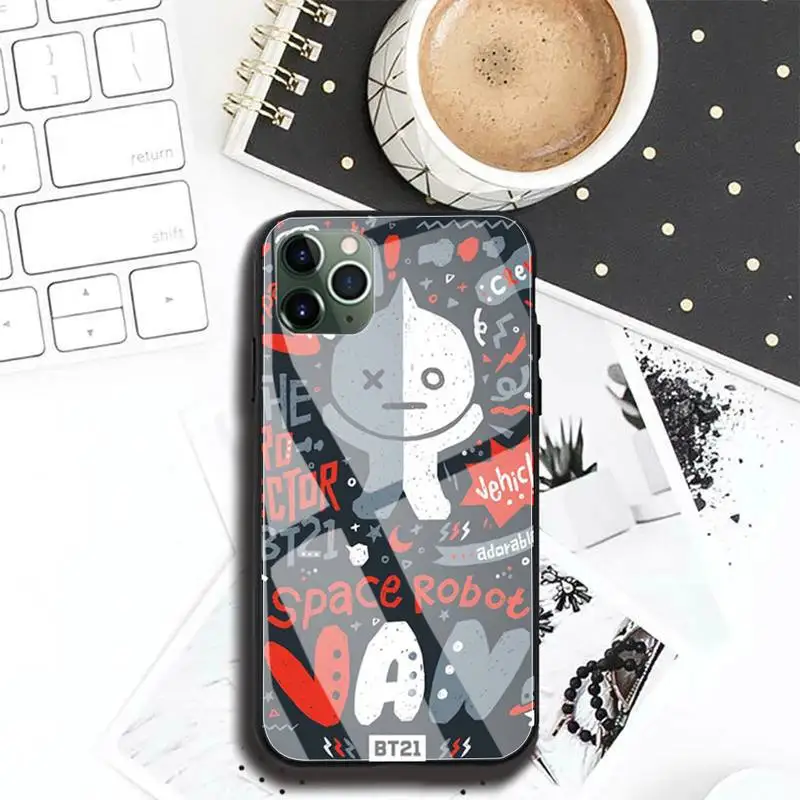 

Luxury cute cartoon BT21 Phone Case For Iphone 12 11 Pro MAX XR X 7 8Plus SE2020 DIY Shockproof Glass Soft Silicone Edge
