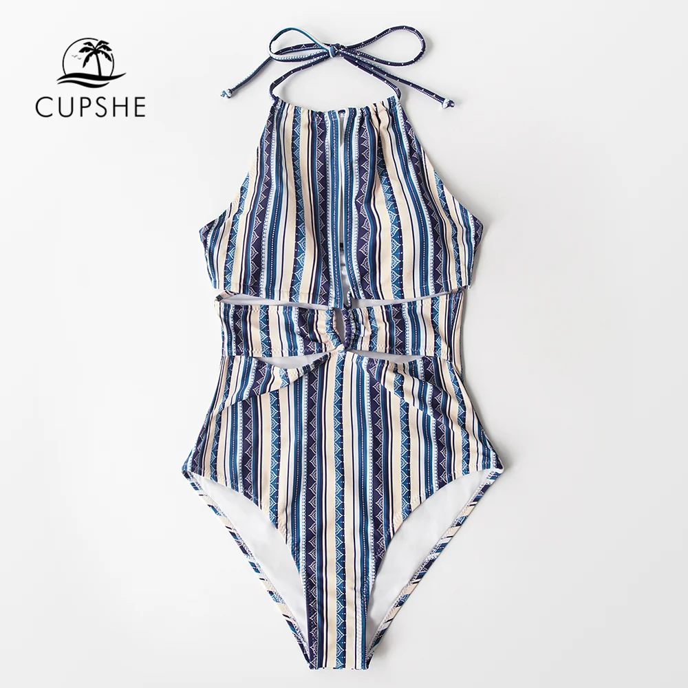 CUPSHE Boho полосой Холтер Вырез Цельный купальник женский сексуальный открытая спина кружева Монокини Девушки Пляж купальный костюм Купальники