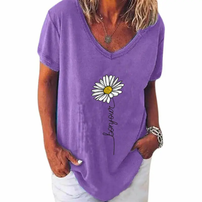 

Women Floral Short Sleeve T-Shirt Summer V-Neck Casual Blouse Tee Tops Plus Size