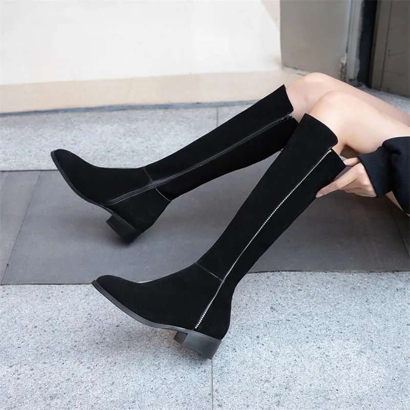 

Meotina Winter Knee High Boots Women Cow Suede Zipper Thick Heels Long Boots Crystal Round Toe Shoes Lady Autumn Big Size 33-43