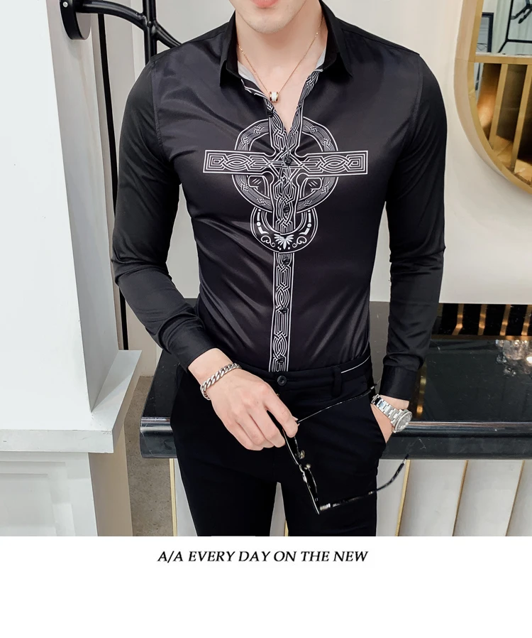 Camisa Homem Prom Camisa Masculina, осенняя рубашка с цветочным принтом, рубашка с принтом в виде креста, мужская рубашка с длинными рукавами, DJ Singer