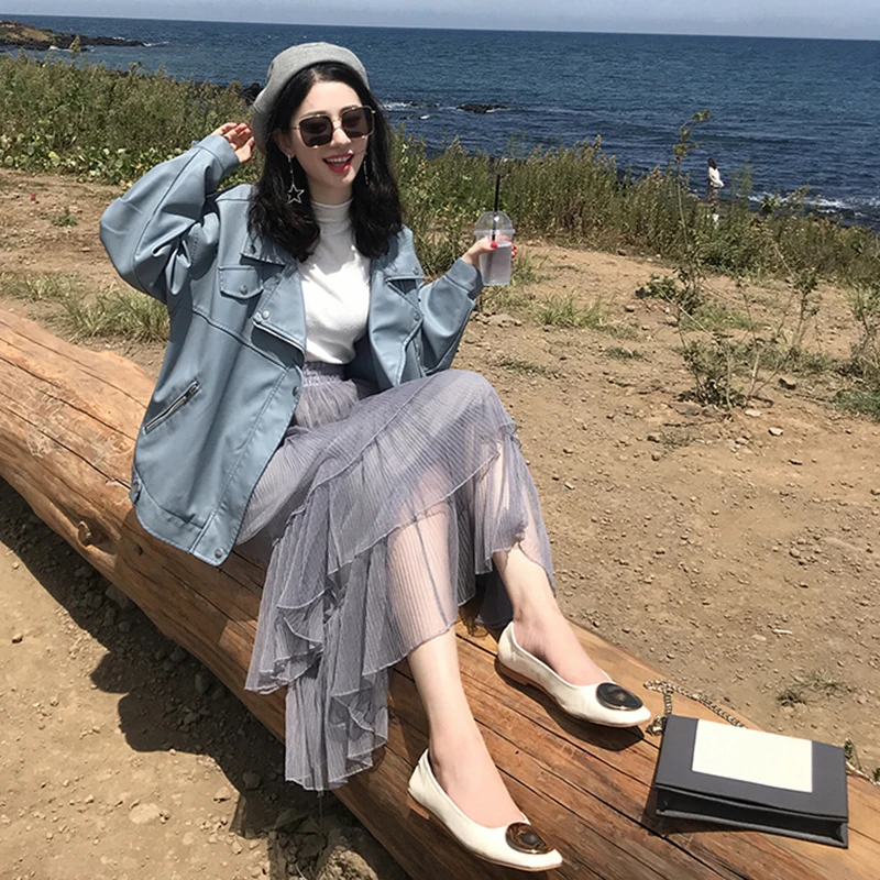 

[EAM] Loose Fit PU Leather Blue Big Size Big Size Jacket New Lapel Long Sleeve Women Coat Fashion Spring Autumn 2021 1DE0651