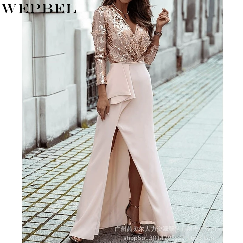 

WEPBEL Fashion Long Sleeve Dress Women's Casual Sequined Slim High Waist Dress Autumn Solid Color V-neck Patchwork Slit Dress