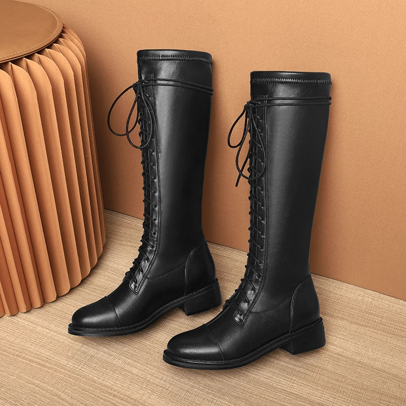 

Round Toe Knee High Boots 2021 Winter lace up Genuine Leather Shoes Woman med Heels Party Basic Thick Heels Winter Boots