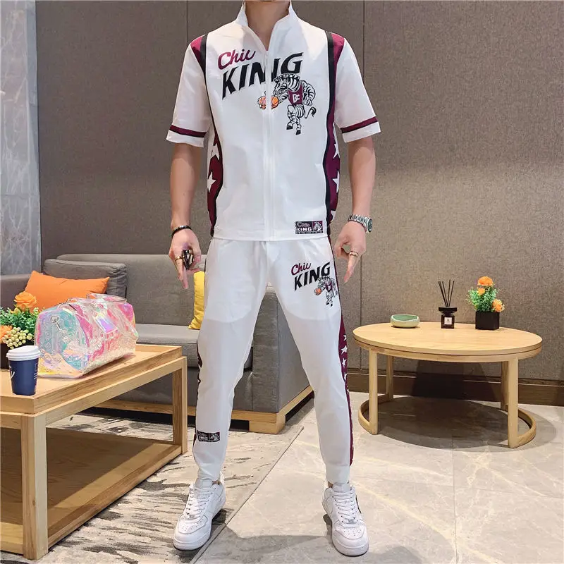 

2021 Men's Summer New Fashion Ice Silk Short Sleeve Suit Summer Clothes Men's Fashion Korean Handsome Set