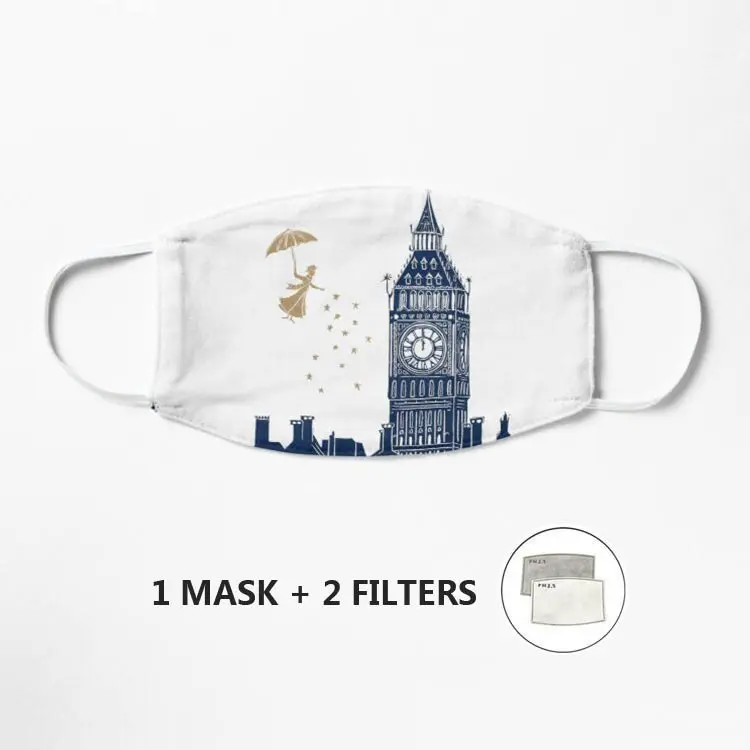 

Mary Poppins and Big Ben linocut Mask For Face Wome Mouth Masks With Filters Cotton Mascarilla With Print Cool Design