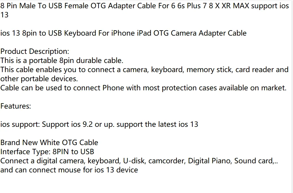 8-контактный разъем для USB OTG Кабель-адаптер для 6 6s Plus 7 8 X Поддержка ios 13
