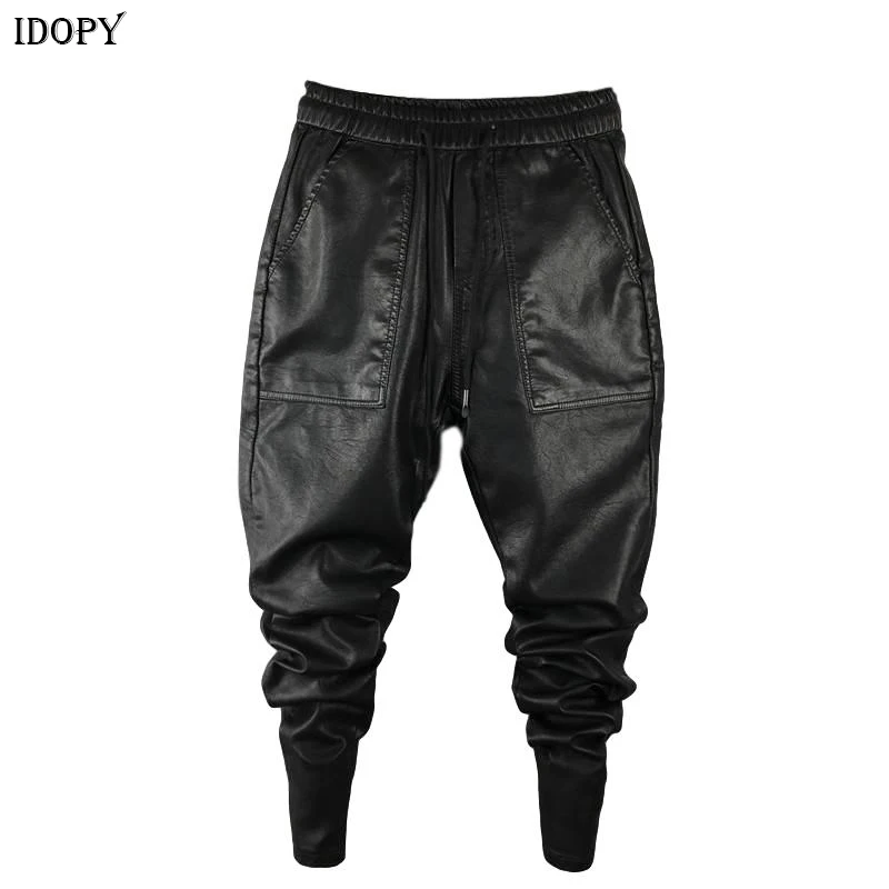 Idopy Men`s Winter Warm Faux Leather Harem Pants Elastic Waist Drawstring PU Joggings Trousers For Male