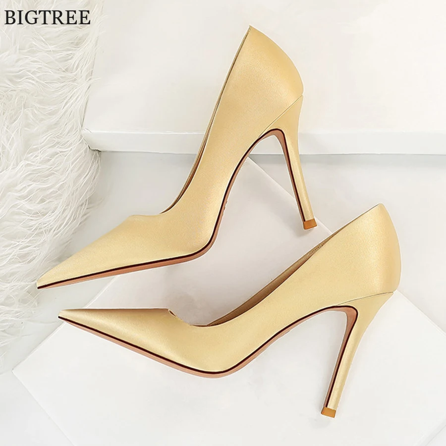 

Spring Women High Heels Shoes Concise Solid Silk Black Green Pink Pointed Shoes High Heels Work Ladies Stiletto Party Pumps 2022
