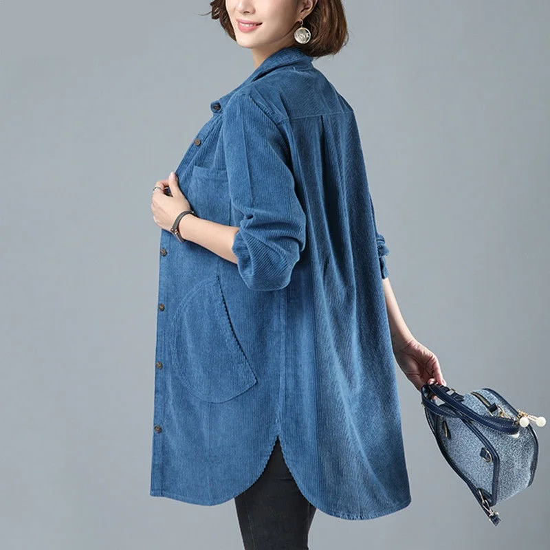 

2020 Spring Autumn Women Corduroy Blouse Middle-aged Mother Vintage Solid Female Outwear Plus Size 4XL Casual Windbreaker Coat