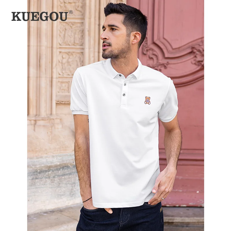 

KUEGOU Men‘s Polo shirt Short Sleeve Fashion Summer Pique Polos Bear Embroidery Top White Slim Fit Plus Size ZT-90014