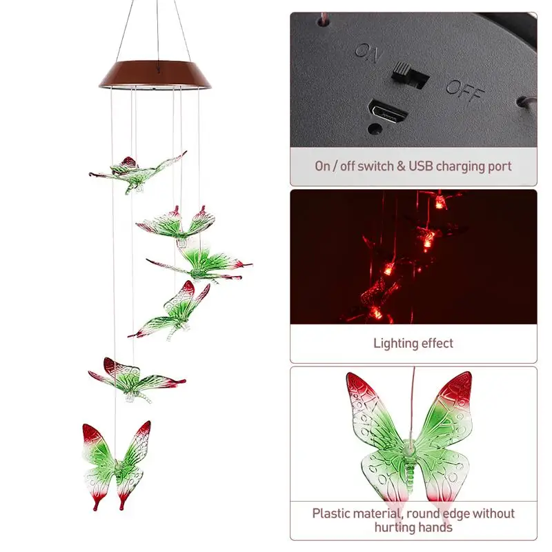 Солнечный ветряной колокольчик с бабочкой изменяющий цвет водонепроницаемый