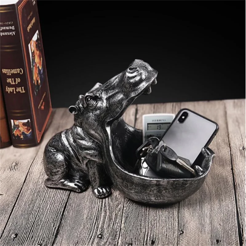 

Hippopotamus Shape Desktop Decor Resin Animal Crafts Ornaments Remote Control Mobile Phone Storage Container Home Living Room