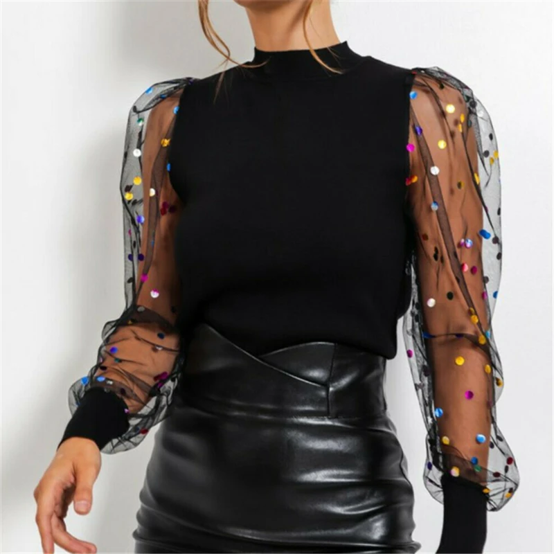 Женская шифоновая блузка в горошек Элегантная с длинным рукавом и пышными