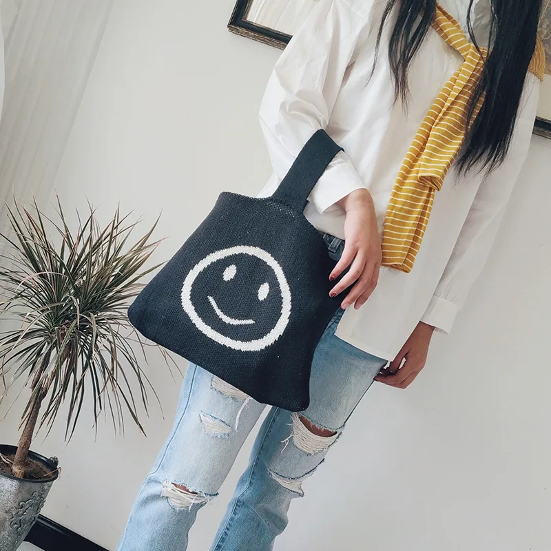 

Шерстяная Вязаная эко-сумка со смайликом, сумочка на руку, сумка для девушек и женщин, 4 однотонных цвета MY104