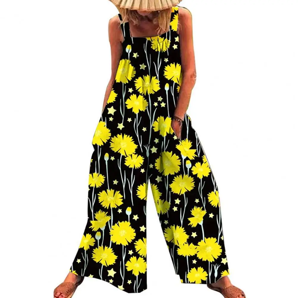 

Beach Jumpsuit Floral Print Suspender Women Sleeveless Wide Leg Pockets Romper Beachwear