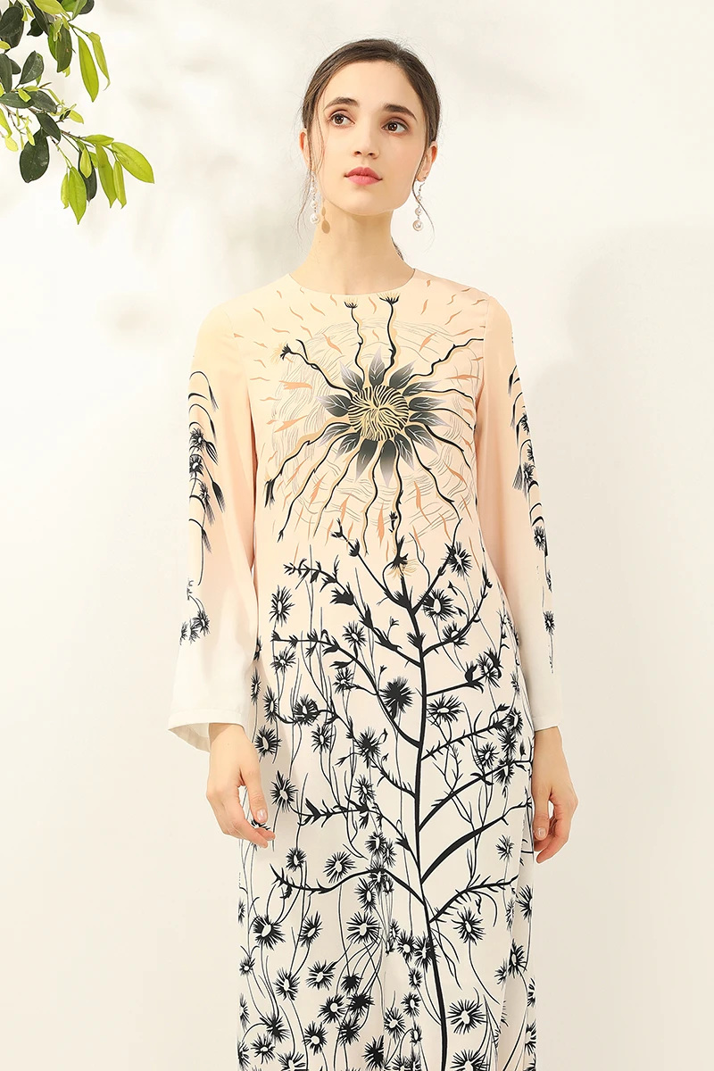 

Women's Runway Dress O Neck Long Sleeeve Printed A Line Elegant Casual Dress Vestido