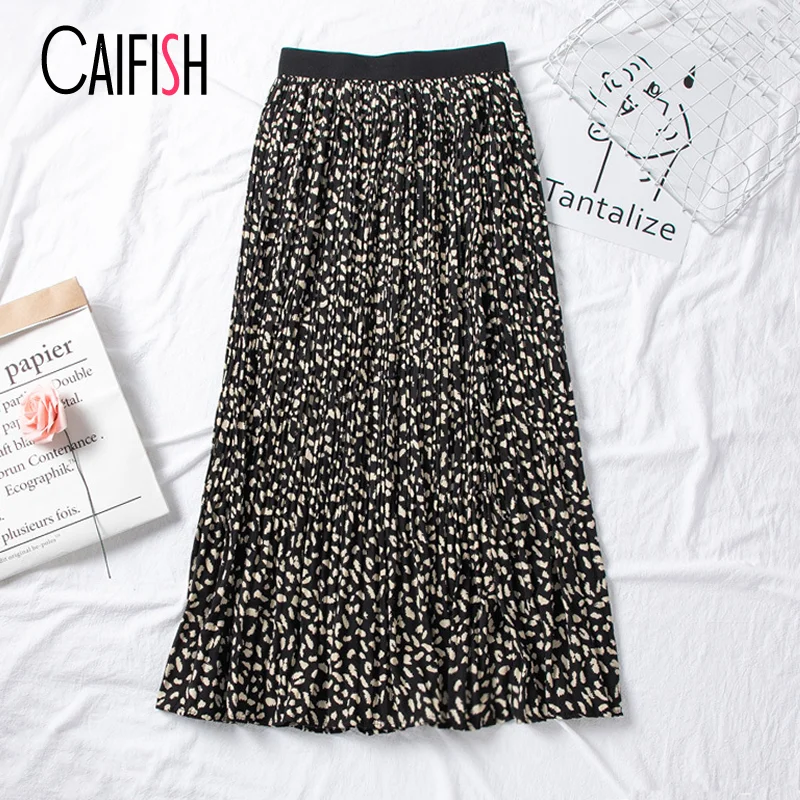 

CAIFISH Elegant A-line Pleated Black Skirt Women's Bohemian Skirt Leopard Printed Long Maxi Women's Skirts For Winter QT1032