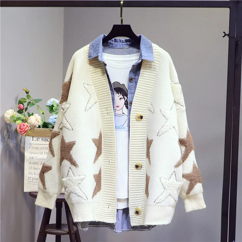 Autumn Sweater Women 2019 Loose Embroidery Stitching Stars in the Long Section Plus size Spring Knitting Female Cardigan SS533 |