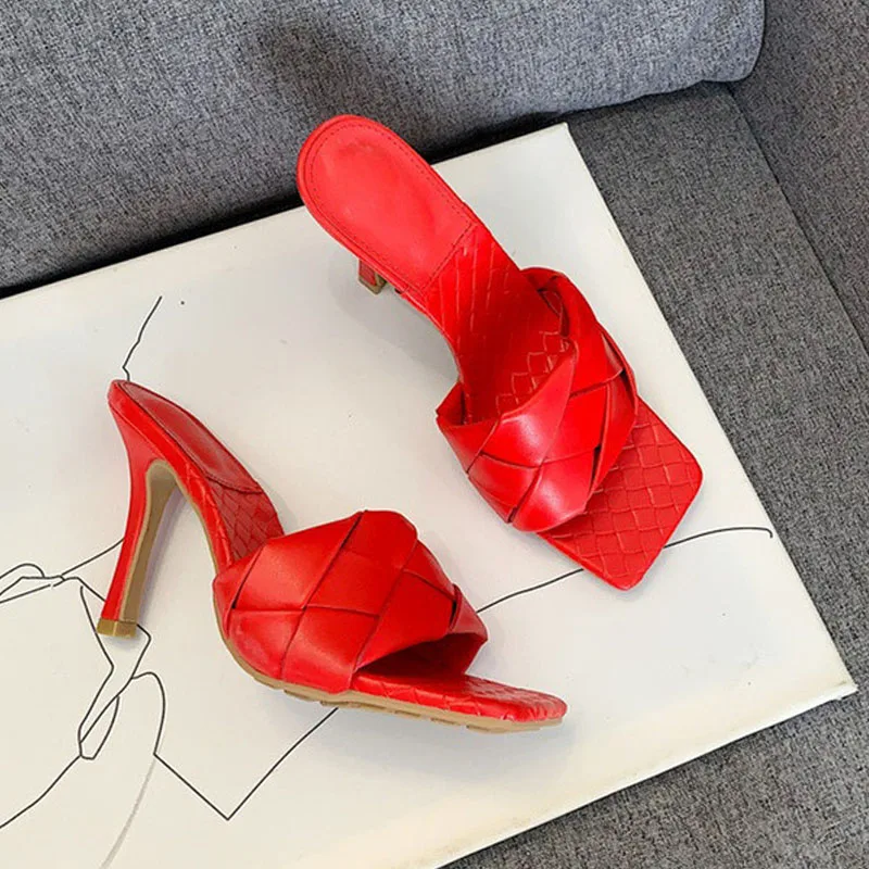 

2021 New Summer High Heel Slippers Women Open Toe Sandals Women Shoes Heels Square Toe Slides Female Weave Slipper Mules